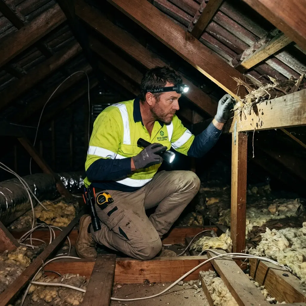Technician inspecting a roof cavity for a dead animal in Point Leo