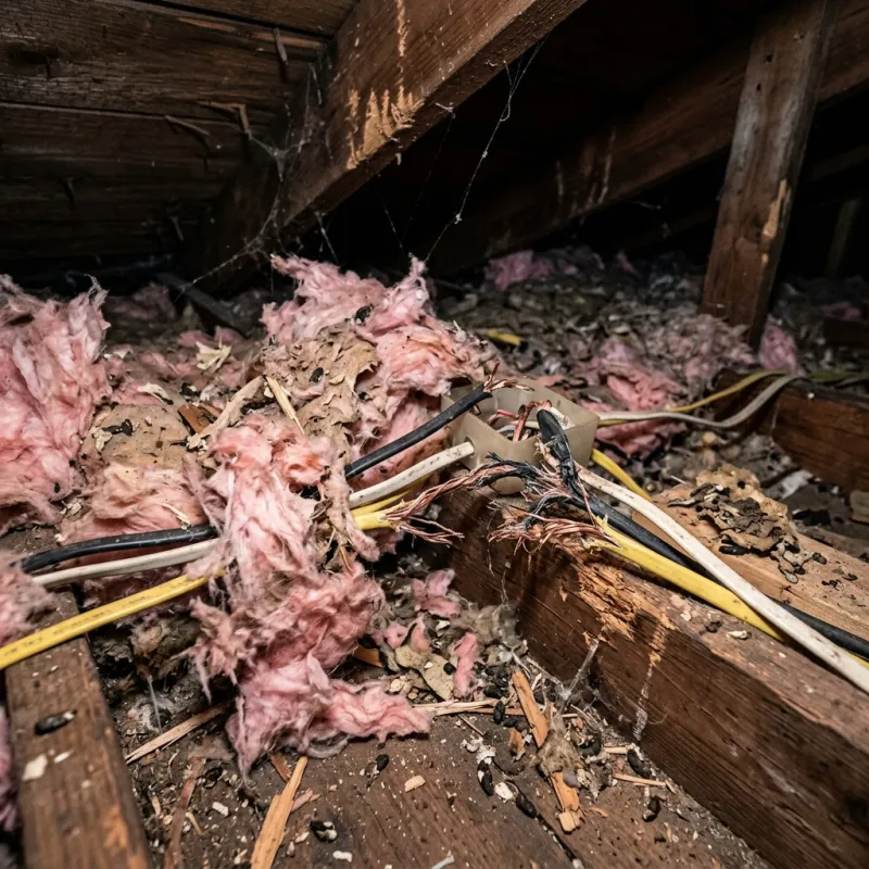 Contaminated ceiling insulation being assessed in a Point Leo roof space