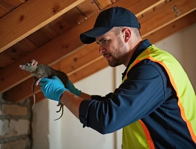 Technician inspecting a roof cavity for a dead rat in Point Leo
